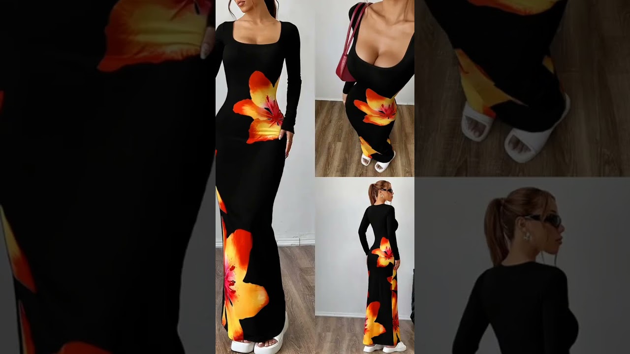 Women's Elegant Bodycon Dress - Long Sleeve Round Neck Floral