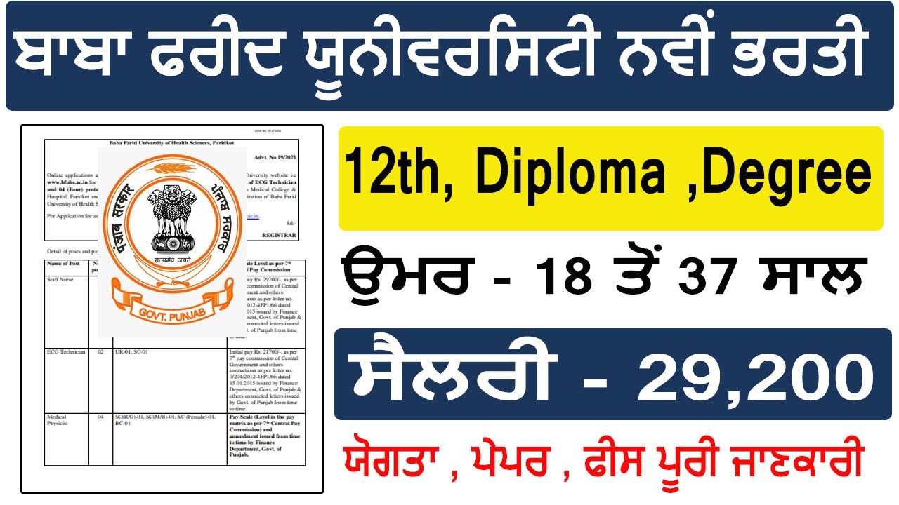 Baba Farid University Recruitment 2022 | Punjab Govt job info | Punjab Govt Jobs | Nursing bharti 22
