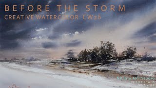 Watercolor Painting Winter Landscape Stormy Sky Loose Technique Before the Storm