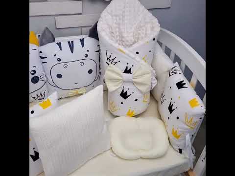 Комплект постільної білизни з ковдрою та бортиками-іграшками на 4 боки ліжечка 120х60см- Жовтий Новий, видео 1