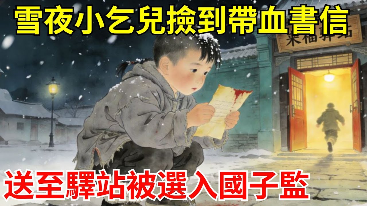 雪夜小乞兒撿到帶血書信，寧可餓暈也不扔掉，踉蹌送至驛站。驛丞讀信竟是邊關急報，飛馬奏報朝廷，皇上欽點：此子忠勇，入國子監！#故事頻道#聽書#民間故事#說書#善有善報#爽文