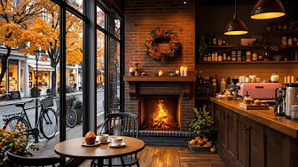 Autumn Coffee Shop Ambience with Crackling Fireplace 🍁☕ Relaxing Jazz Music for Study, Focus, & Work