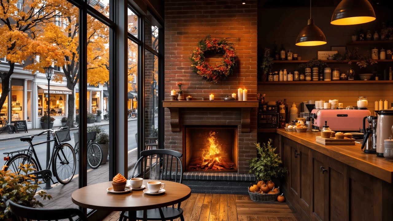 Autumn Coffee Shop Ambience with Crackling Fireplace 🍁☕ Relaxing Jazz Music for Study, Focus, & Work