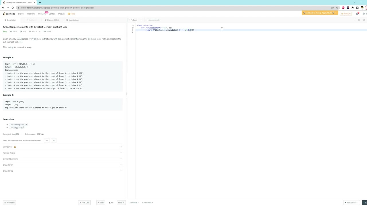 1299. Replace Elements with Greatest Element on Right Side - Python - One Line