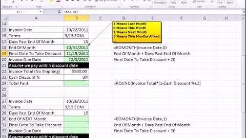 Excel 2010 Business Math 65: Calculating Cash Discounts EOM, ROG, Extra, Boolean Math Formulas