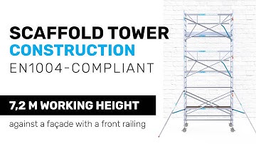 EN1004-compliant construction of a mobile scaffold against a façade with a front railing