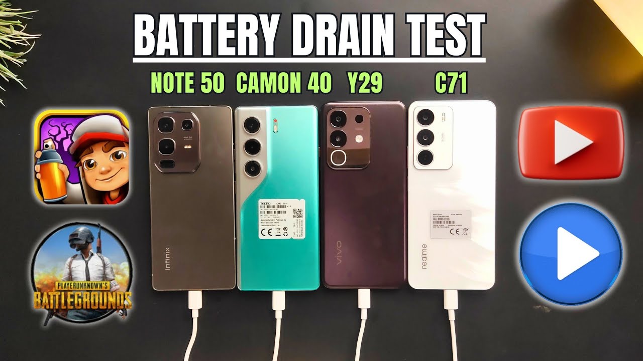 Battery Drain Test Realme C71 v Vivo Y29 v Infinix Note 50 v Tecno Camon 40 Pro v Y200, 🔋⏱️PUBG Test