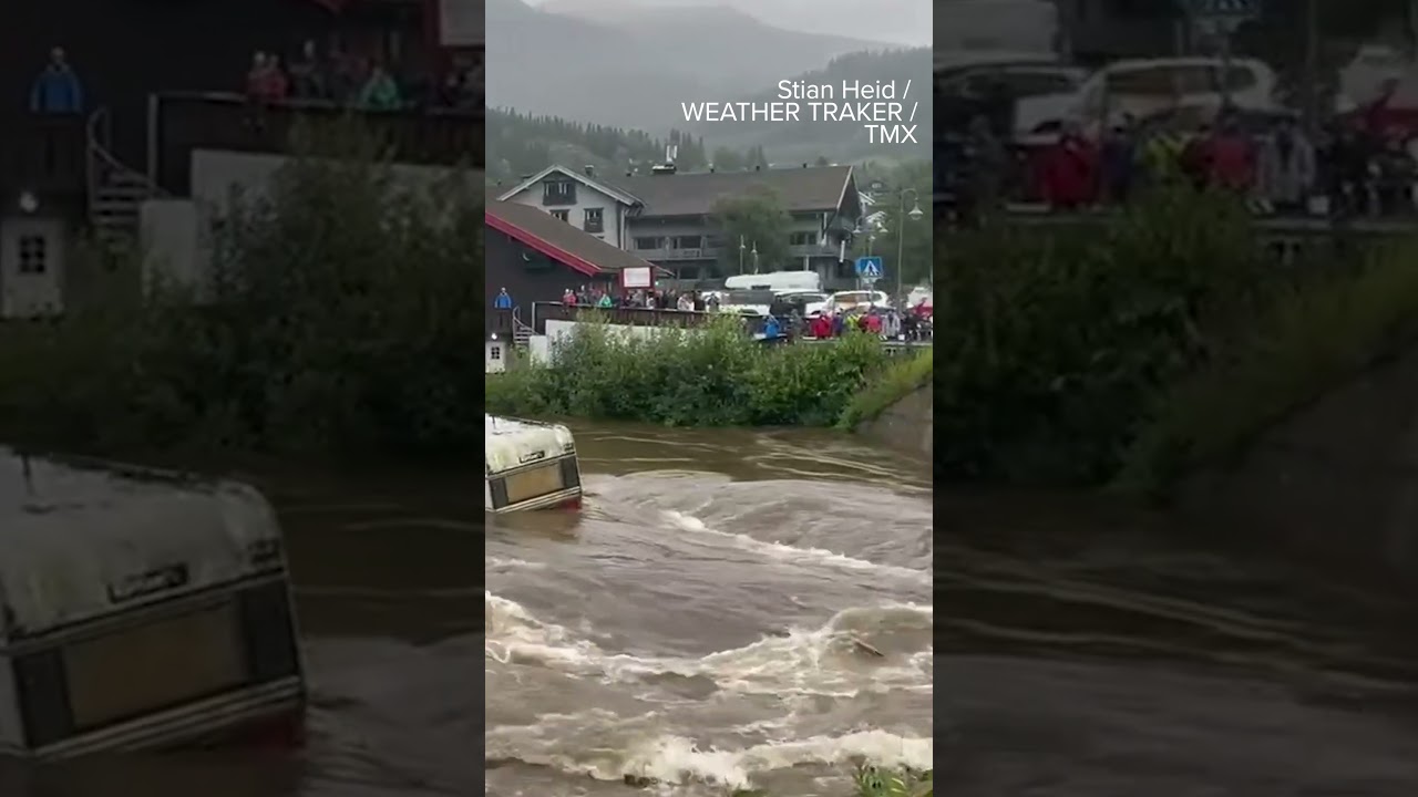 Camper floats down river in Norway floods 
