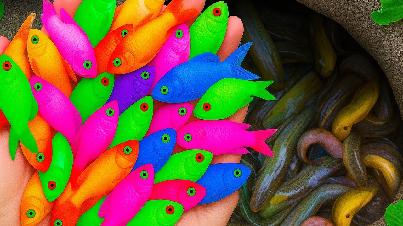 Surprised Catch Colorful Aquarium Fish In Small Pond, Carp, Pencil Dish, Glass Fish, Guppy, Koi Fish