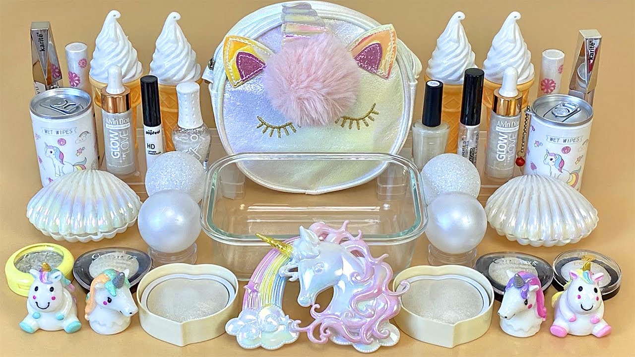 White UNICORN SLIME. Mixing eyeshadow, makeup and glitter into Clear Slime. Satisfying sleep sounds.