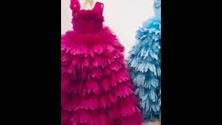 Celebrity Children's' Couture - our Penelope feather gown in cherry blossom and Blue Orchid - Flowergirl Wealth