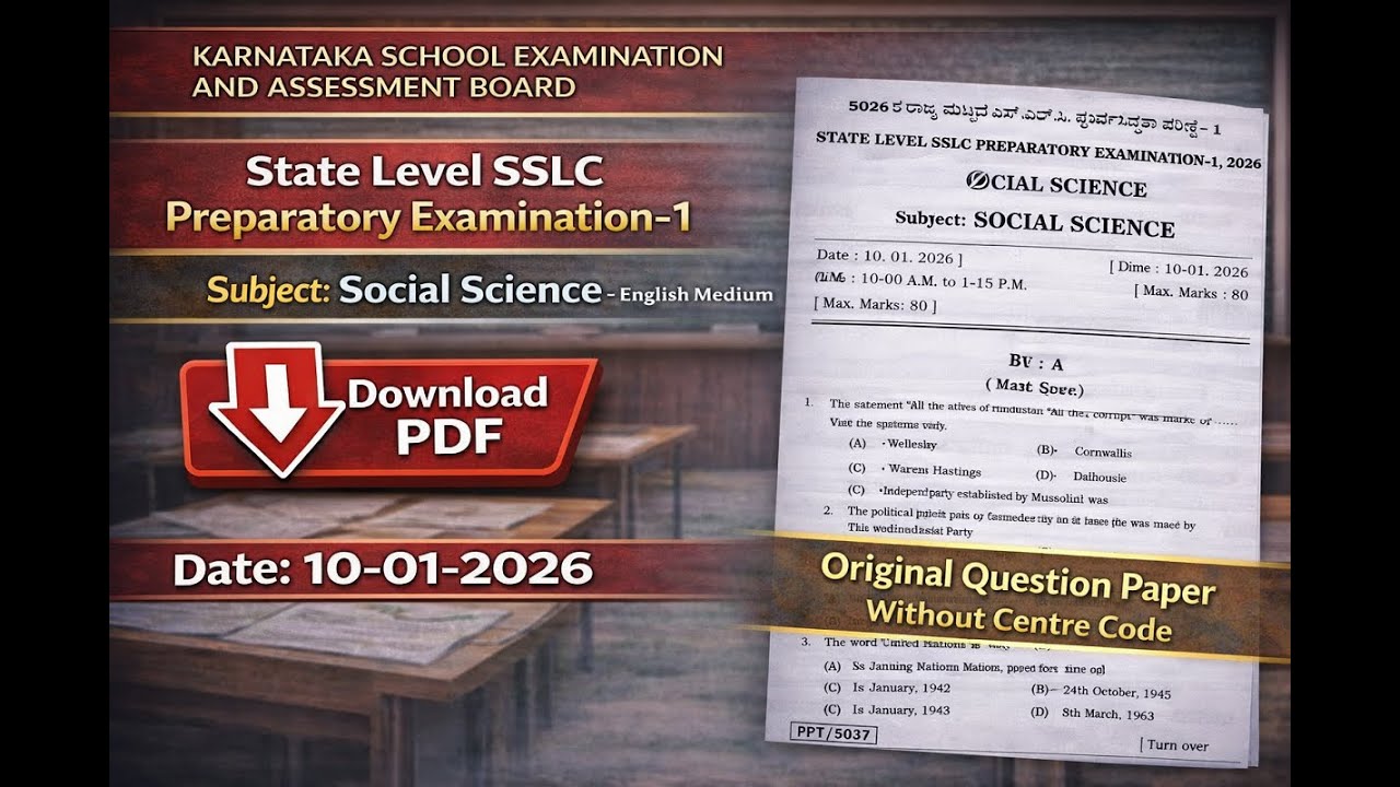 Social Science State Level SSLC Preparatory Examination-1 Question Paper 2026 || English Medium
