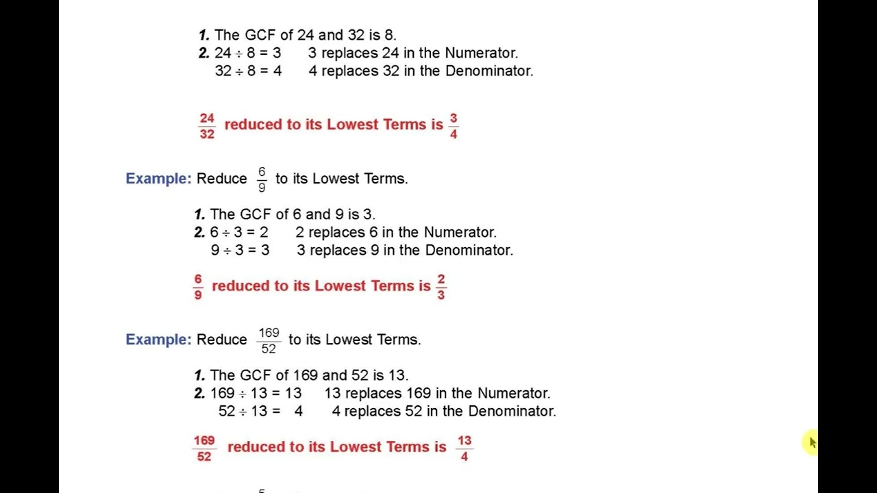 Reducing a Fraction to its Lowest Terms (Pg 33)