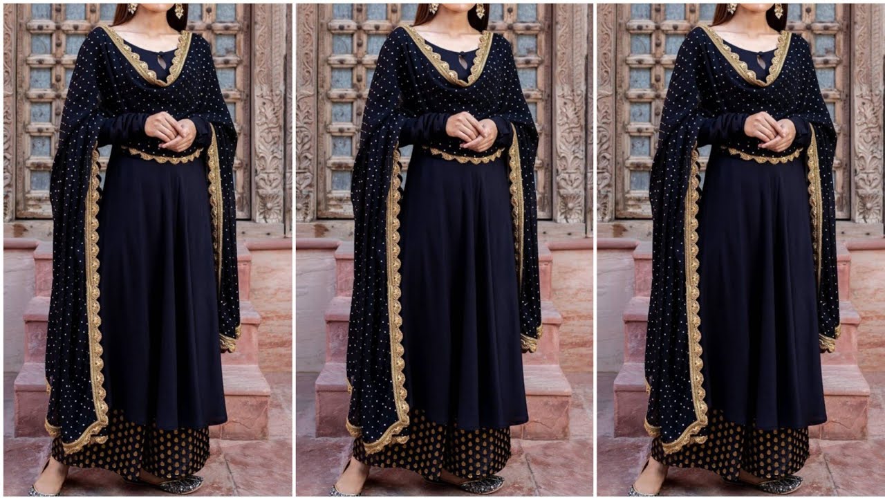 Buy KAAJH Black Embellished Kurta Sharara With Dupatta (Set of 3) online