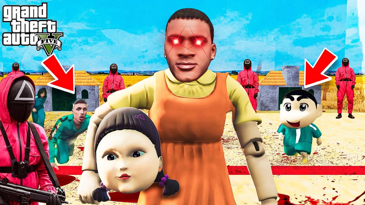 Squid Game Doll Vs Avengers | Shin Chan & Franklin Trying Escape From Squid Game in Gta 5 Telugu