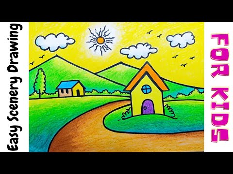 HOW TO DRAW SCENERY STEP BY STEP - EASY SCENERY DRAWING FOR KIDS - SCENERY  DRAWING WITH CRAYONS - YouTube
