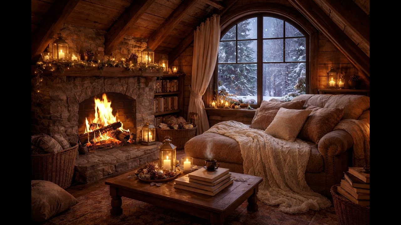 Cozy Cabin Nook Scene ❄️ Warm Fireplace & Snowy Forest Ambience