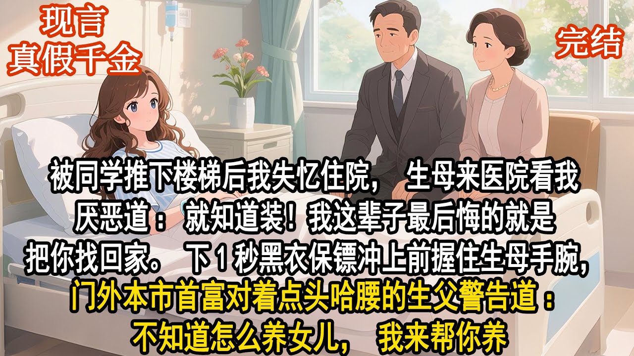 被同學推下樓梯後我失憶住院，生母來醫院看我厭惡道：就知道裝！我這輩子最後悔的就是把你找回家。下1秒黑衣保鏢沖上前握住生母手腕，門外本市首富對著點頭哈腰的生父警告道：不知道怎麼養女兒，我來幫你養
