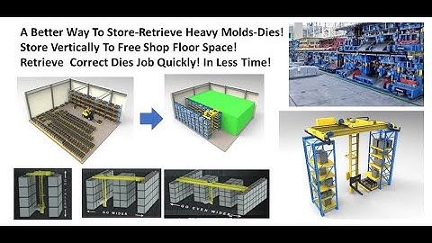Overhead Stacker Crane Stores Molds Dies On Metal Pallets On Adjustable Racks Across Multiple Aisles