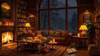 Cozy Reading Nook Ambience 🔥 Soft Jazz Music with Rain & Fireplace Sounds to Study, Sleep, Relax screenshot 4