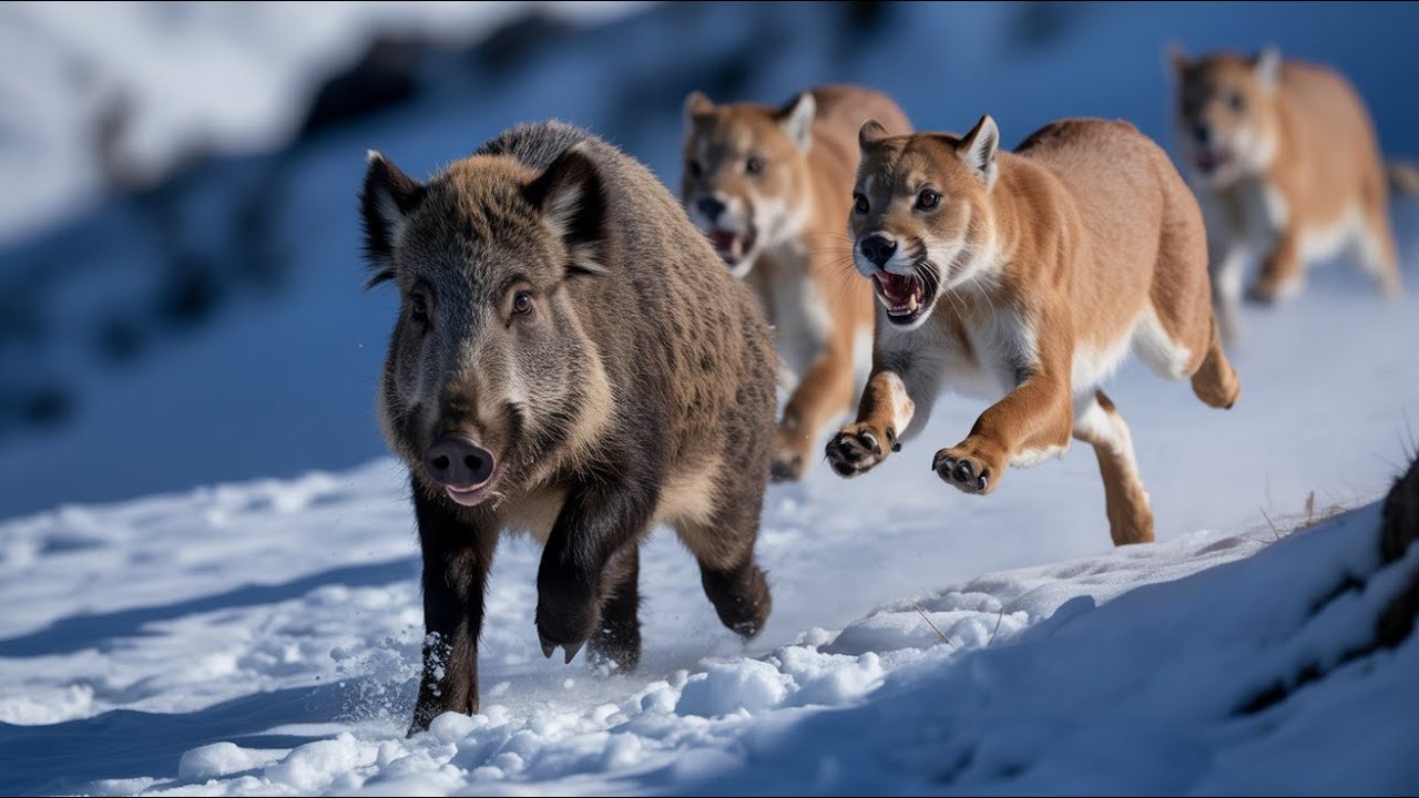 Wild Boar vs Puma Pack in Snowy Mountains (4K)