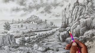 Very beautiful landscape and rock drawing☘️Draw a beautiful landscape with this drawing method