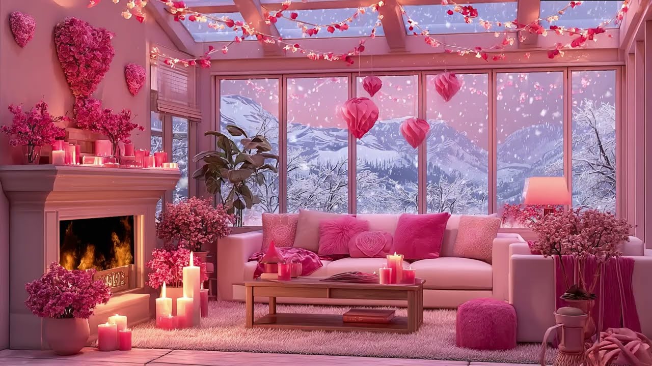 💕❄️ Pink Valentine’s Snow Room ❄️💕 Cozy Fireplace & Soft Harp Ambience 🎶