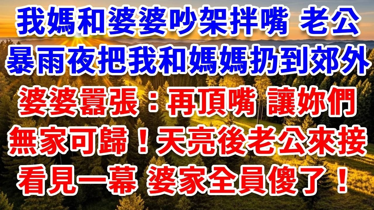 我媽和婆婆吵架拌嘴，老公暴雨夜把我和媽媽扔到郊外，婆婆囂張：再頂嘴，讓妳們無家可歸！天亮後老公來接我，誰料看見一幕，婆家全員傻了！#思妤說故事#為人處世#生活經驗#情感故事#晚年哲理#說故事#完結文