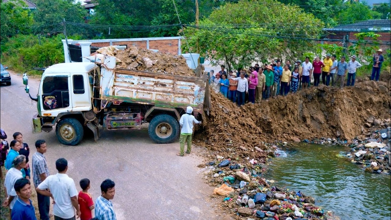 First Started A Perfect Project!! Landfill Delete Deep Canal By Skills Dozer Pushing Soil Into Water