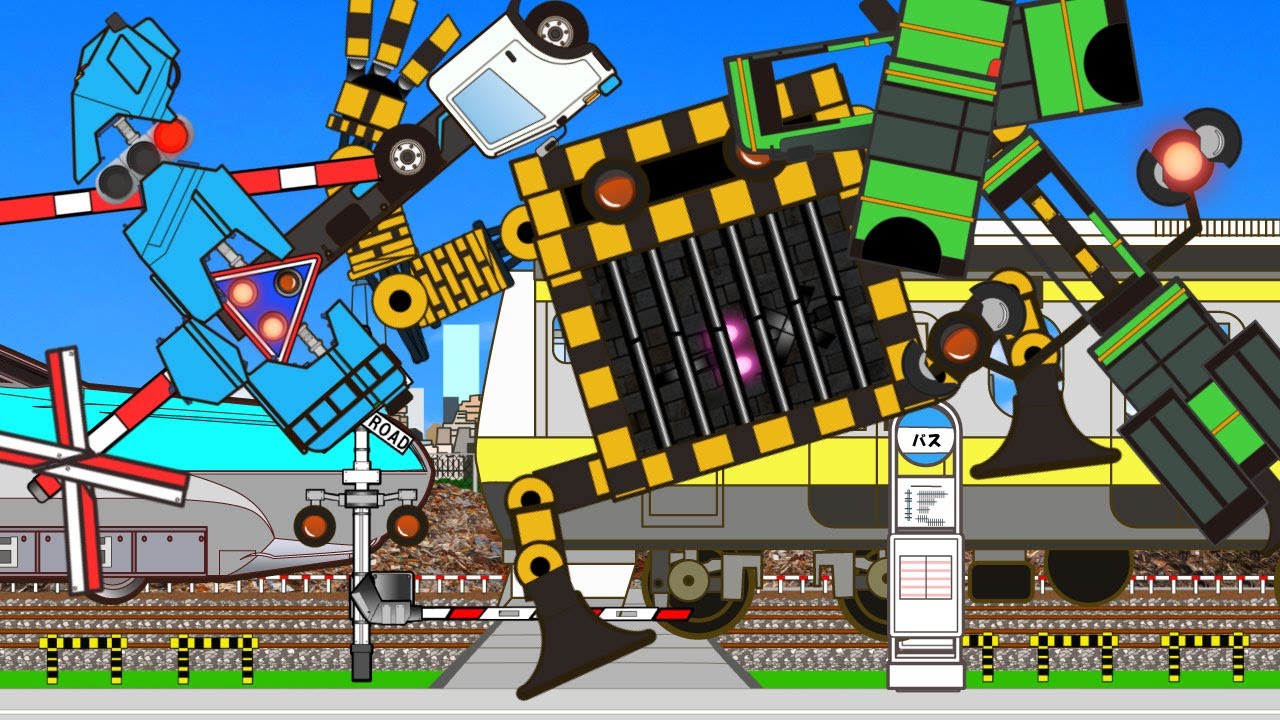 踏切アニメ 清掃車とバスをコンパクトなふみきりにして助けるrailroad Crossing and train railway level crossover 電車　はたらくくるま