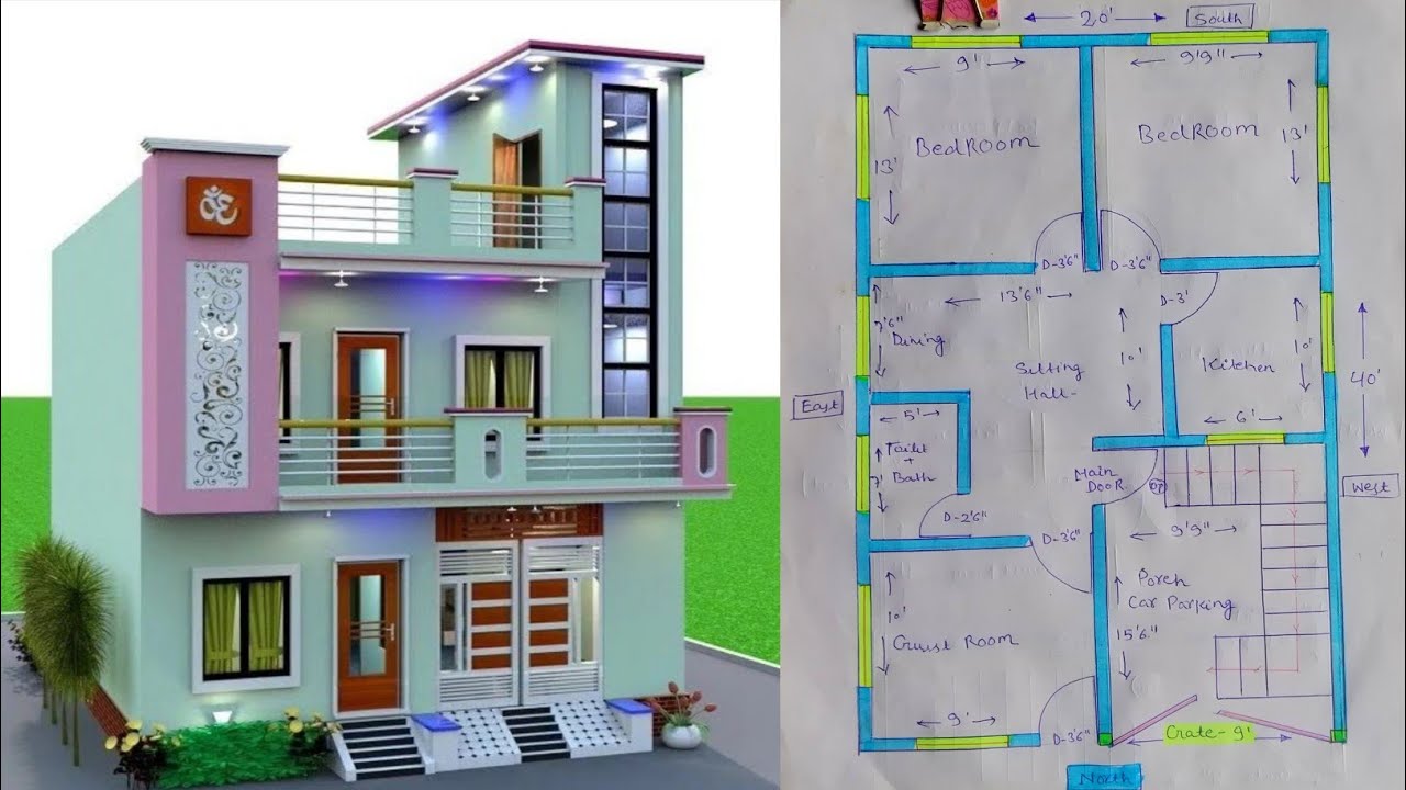 20 x 40 North face House plan || 800 Sqft House plan with 3Bhk Car ...