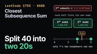 Full Closest Subsequence Sum | LeetCode 1755 Hard | Split 40 into two 20s (meet in the middle) Update