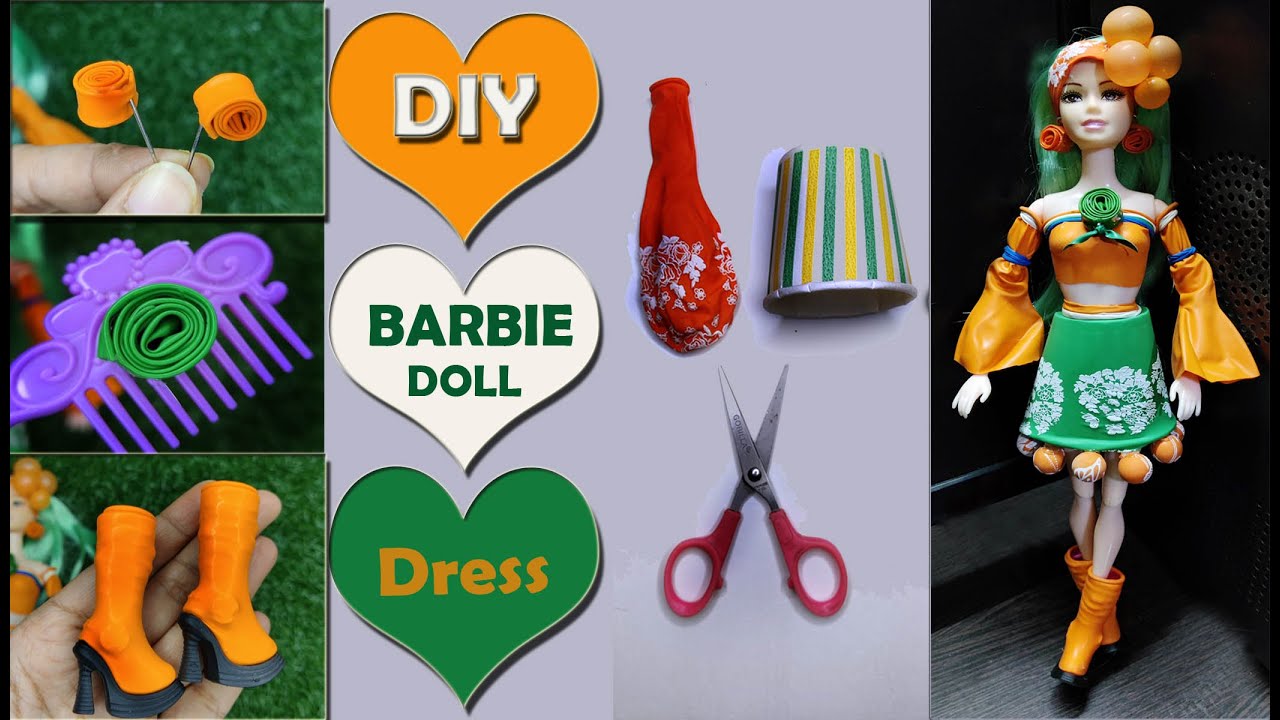 Making Doll Clothes With Balloons l DIY tri color dress for Barbie l No Sew Doll Dress & Accessories