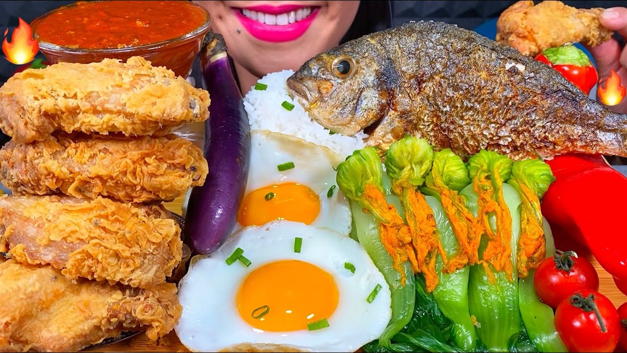 ASMR FRIED FISH, FRIED CHICKEN, EGGS, VEGETABLES, SAMBAL, RICE MUKBANG MASSIVE Eating Sounds