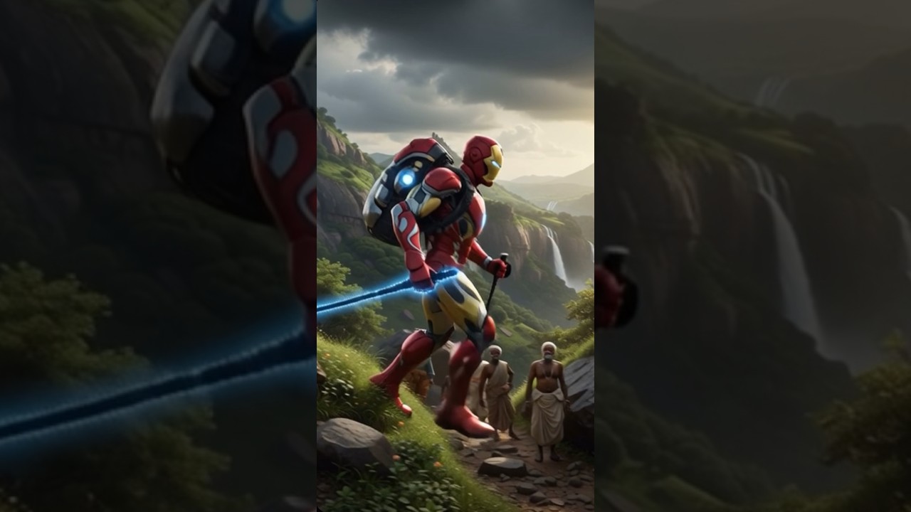 Iron man climbing mountain 