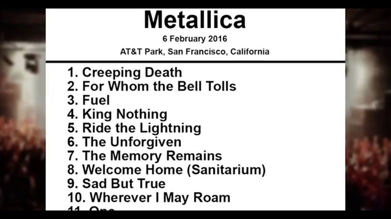 metallica tour set list