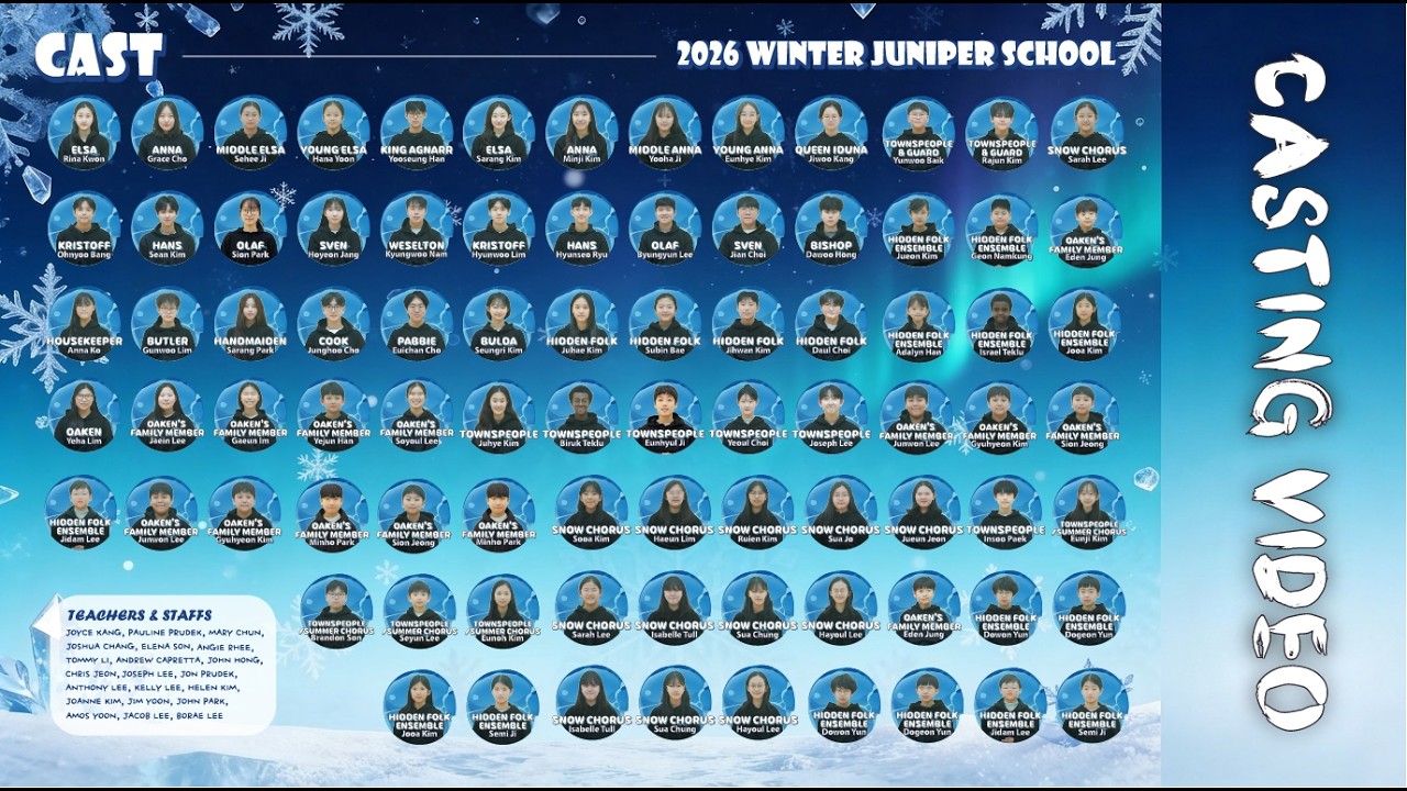 This video features the CASTING of the 2026 English musical production of Frozen JR.
performed by students of Juniper Christian School (JCS).

This musical was an educational project designed to help students grow through
English language learning, music, acting, and collaborative stage production.
We sincerely thank all the students, teachers, and staff who dedicated their time
and effort both on and off the stage.

Juniper Christian School English Musical Productions (Since 2016)

1. 2016 Disney Jungle Book KIDS
2. 2017 Broadway Seussical KIDS
3. 2018 Disney MULAN JR
4. 2018 Disney Aristocats KIDS
5. 2019 Broadway Peter Pan JR
6. 2019 Disney 101 Dalmatian KIDS
7. 2020 Disney Alice JR. in Wonderland
8. 2021 Disney Beauty and the Beast JR
9. 2022 Disney MOANA JR
10. 2022 Broadway Seussical KIDS
11. 2023 Disney Aladdin JR. 
12. 2024 Disney Mary Poppins JR. 
13. 2024 Disney Winnie the Pooh KIDS 
14. 2025 Disney Little Mermaid JR.
15. 2025 Disney Finding Nemo KIDS 
16. 2026 Disney Frozen JR. 
17. 2026 Disney Aristocats KIDS (June, 2026)

/// DESCRIPTIONS ///

2026년 주니퍼크리스천스쿨(Juniper Christian School) 학생들이 준비한
영어 뮤지컬 Frozen JR. 공연의 캐스팅 영상입니다.

이번 공연은 학생들이 영어, 음악, 연기, 무대 협업을 통해
배움과 성장을 경험하는 교육적 프로젝트로 진행되었습니다.
무대 위에서뿐 아니라 준비 과정 전반에 걸쳐 헌신하며 참여한
모든 학생들과 교사, 스태프 여러분께 깊은 감사를 드립니다.

주니퍼크리스천스쿨 영어 뮤지컬 작품 (Since 2016)

1. 2016년 – 디즈니 정글북 키즈 (30분 공연)
2. 2017년 – 브로드웨이 수지컬 키즈 (30분 공연)
3. 2018년 – 디즈니 뮬란 주니어 (60분 공연)
4. 2018년 – 디즈니 아리스토캣츠 키즈 (30분 공연)
5. 2019년 – 브로드웨이 피터팬 주니어 (60분 공연)
6. 2019년 – 디즈니 101 달마시안 키즈 (30분 공연)
7. 2020년 – 디즈니 이상한 나라의 엘리스 주니어 (60분 공연)
8. 2021년 – 디즈니 미녀와 야수 주니어 (60분 공연)
9. 2022년 – 디즈니 모아나 주니어 (60분 공연)
10. 2022년 – 브로드웨이 수지컬 키즈 (30분 공연)
11. 2023년 – 디즈니 알라딘 주니어 (60분 공연)
12. 2024년 – 디즈니 메리 포핀스 주니어 (60분 공연)
13. 2024년 – 디즈니 위니 더 푸 키즈 (30분 공연)
14. 2025년 – 디즈니 인어공주 주니어 (60분 공연)
15. 2025년 – 디즈니 니모를 찾아서 키즈 (30분 공연)
16. 2026년 – 디즈니 겨울왕국 주니어 (60분 공연)
17. 2026년 – 디즈니 아리스토캣츠 키즈 (30분 공연 예정)

#Juniper_Christian_School #주니퍼크리스천스쿨 #일산국제학교 #국제학교 #영어뮤지컬 #englishmusical #frozen #FROZENJR #겨울왕국 #겨울왕국2 #겨울왕국ost #frozenmusical  @junipercs 

[Equipments]
1. Camera: Sony α7 III 3m, Sony FX3, Sony A7c, Sony A6400, Samyang Optics
2. Camera Lens: 28-75mm f2.8, 24-105mm f4, 16-35mm f4, 55m f1.8, 85mm f1.8, AF 85mm f1.4 RF 
3. DJI Ronin S, Zhiyun CRANE 2S
4. Excam Slider LM3-56
5. Camera Lens: 24-105mm f4, 16-35mm f4, 55m f1.8, 85mm f1.8 

*******************************************************************
COPYRIGHT ⓒ 2026 JUNIPER CHRISTIAN SCHOOL
ALL RIGHTS RESERVED 
저작자와의 협의 및 동의가 없는 영상의 사용을 금합니다.
*******************************************************************