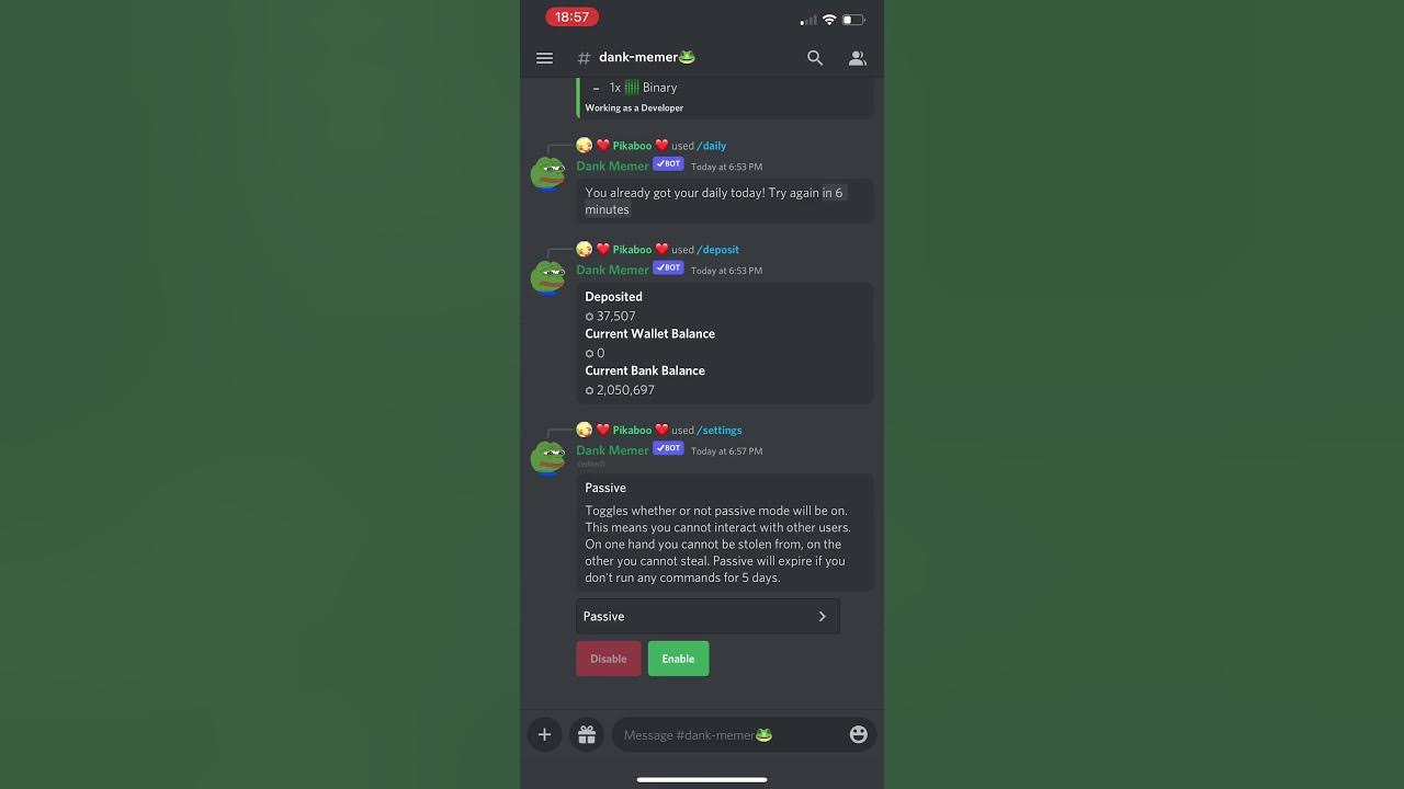How to turn on passive mode for Dank memer. YouTube