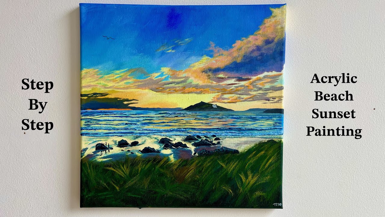 Beach Sunset Painting / Step By Step Acrylic Painting / For Beginners ...