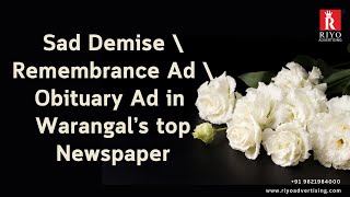 Book Obituary ad/ Death Announcement/ Sad Demise Ad in Warangal's Leading Newspapers #remembranceday
