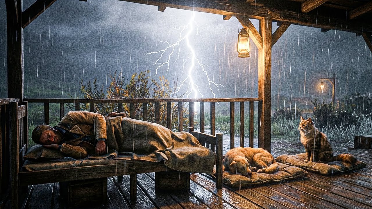 Sleeping in a Cozy Porch Bed During Night-time Thunderstorm | With Pets | RDR2 ASMR