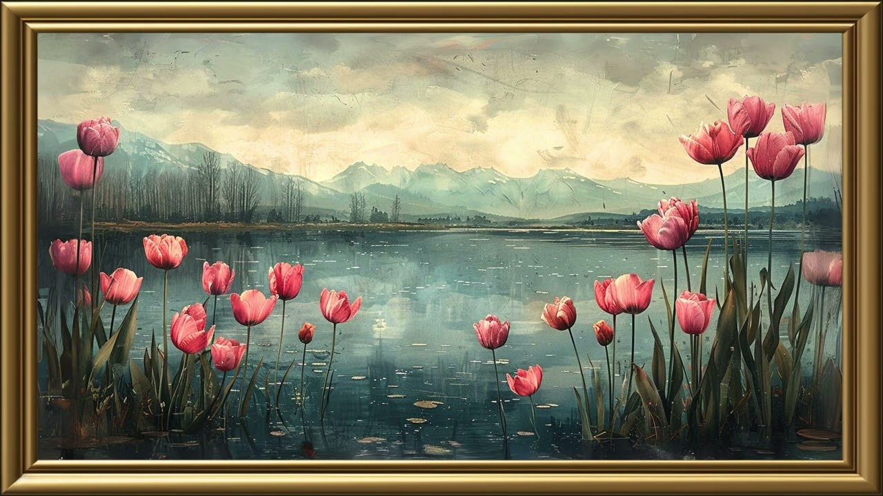 Vintage Pink Tulips on Spring Painting | Gold Frame TV Art Screensaver for TV Wallpaper | 2 Hrs