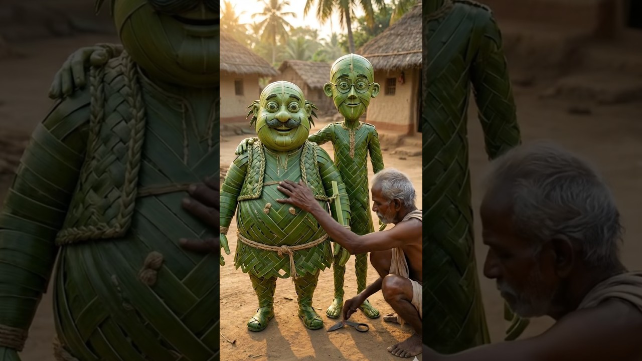 Poor craftsman builds Motu and Patlu from palm leaves| hands craft | wood crafting 