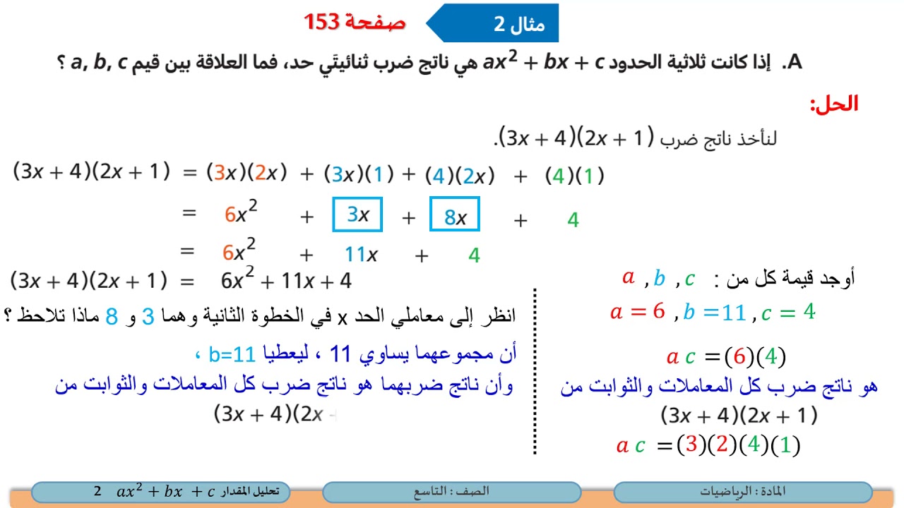 الصف التاسع   الرياضيات   تحليل المقدار 𝒂𝒙𝟐+𝒙+𝒄 2