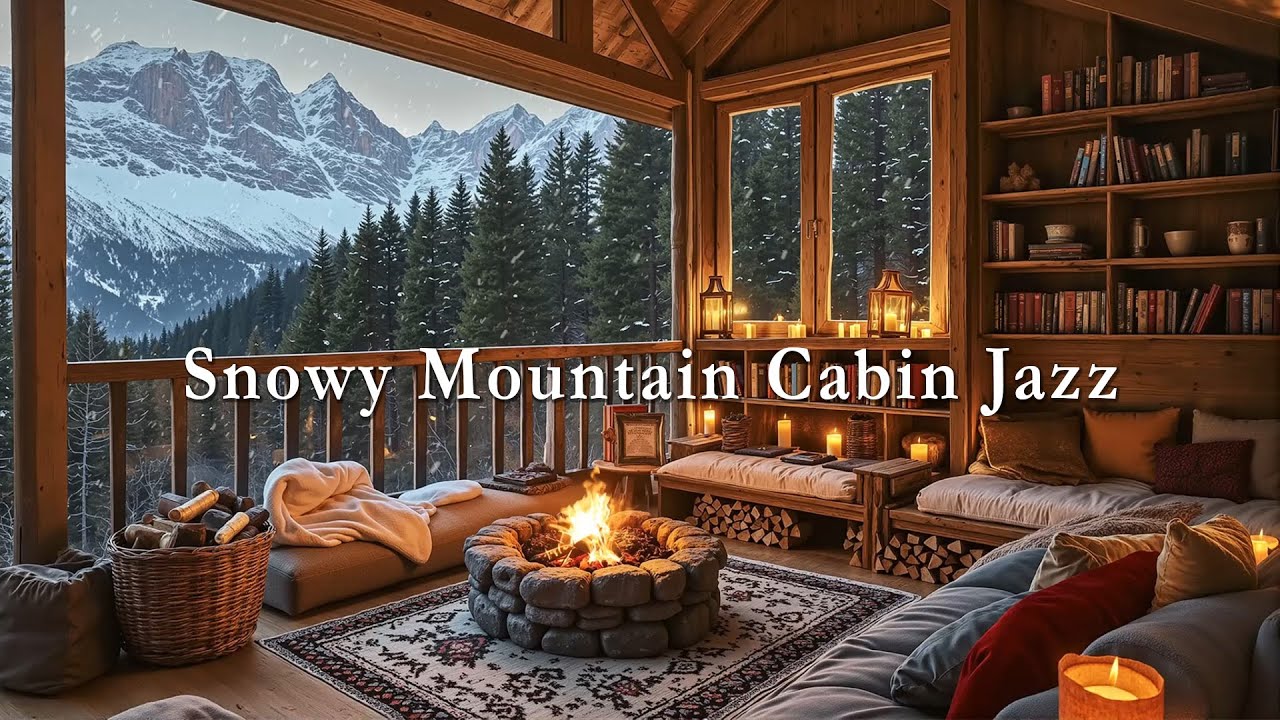 Snowy Mountain Cabin Jazz❄️Fireside Glow, Alpine Forest Views & Smooth Cozy Jazz for Deep Relaxation