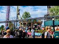 Finland Walks:Helsinki amusement park Linnanmäki. People and rides on a summer afternoon.