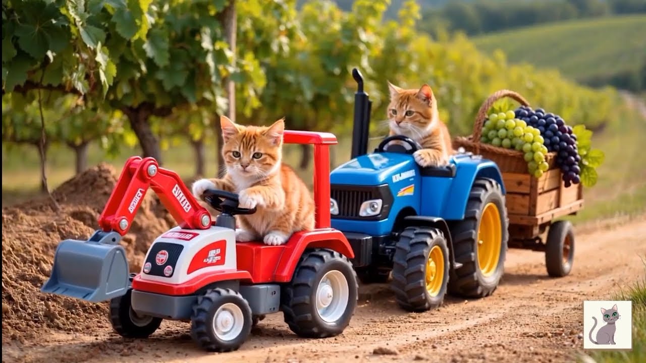Kitten and Mama Cat Repair Farm Road Together While Picking Juicy Grapes"