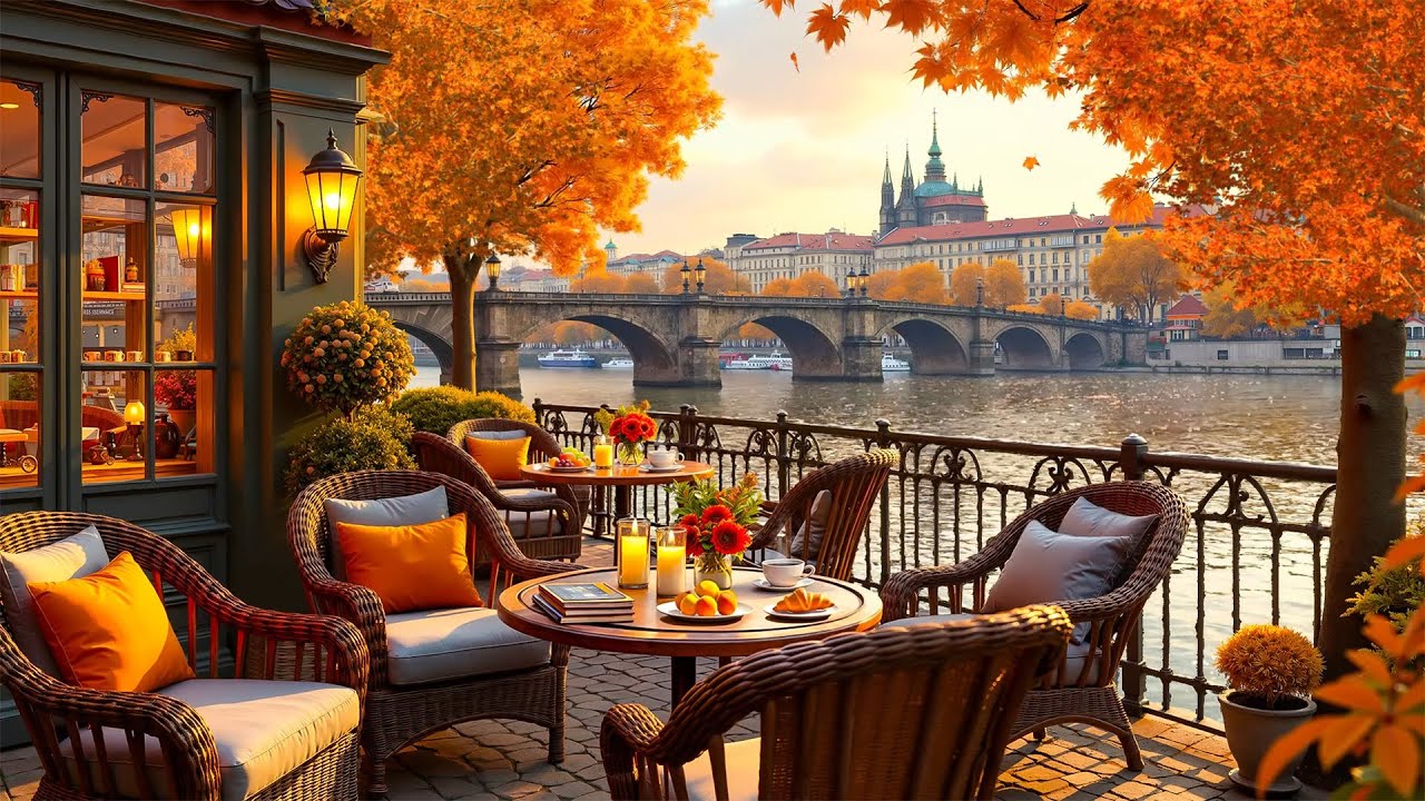 Sunset Jazz in Old Europe 🍂 Cozy Riverside Café Ambience for Relax & Study