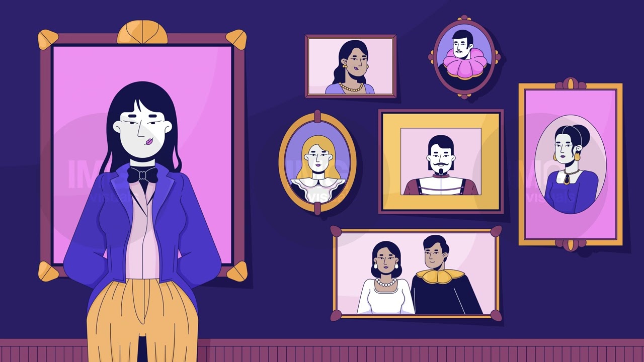 Noble girl giggling proudly in gallery of baroque portraits lofi animation cartoon wallpaper