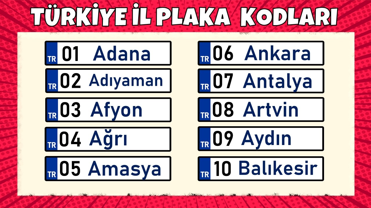 TÜRKİYE İL PLAKA KODLARI